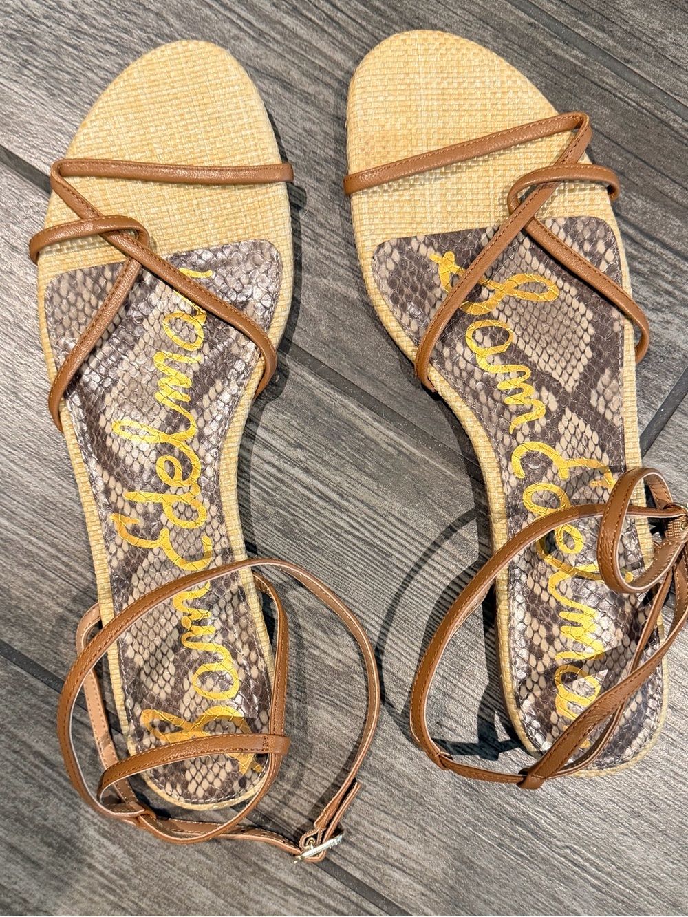 Sam Edelman Tan Strappy Sandals with Snake-Print Insole